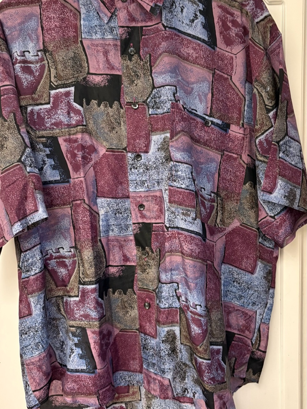 Men's Short-Sleeve Patchwork Print Button-Down Shirt - Maroon